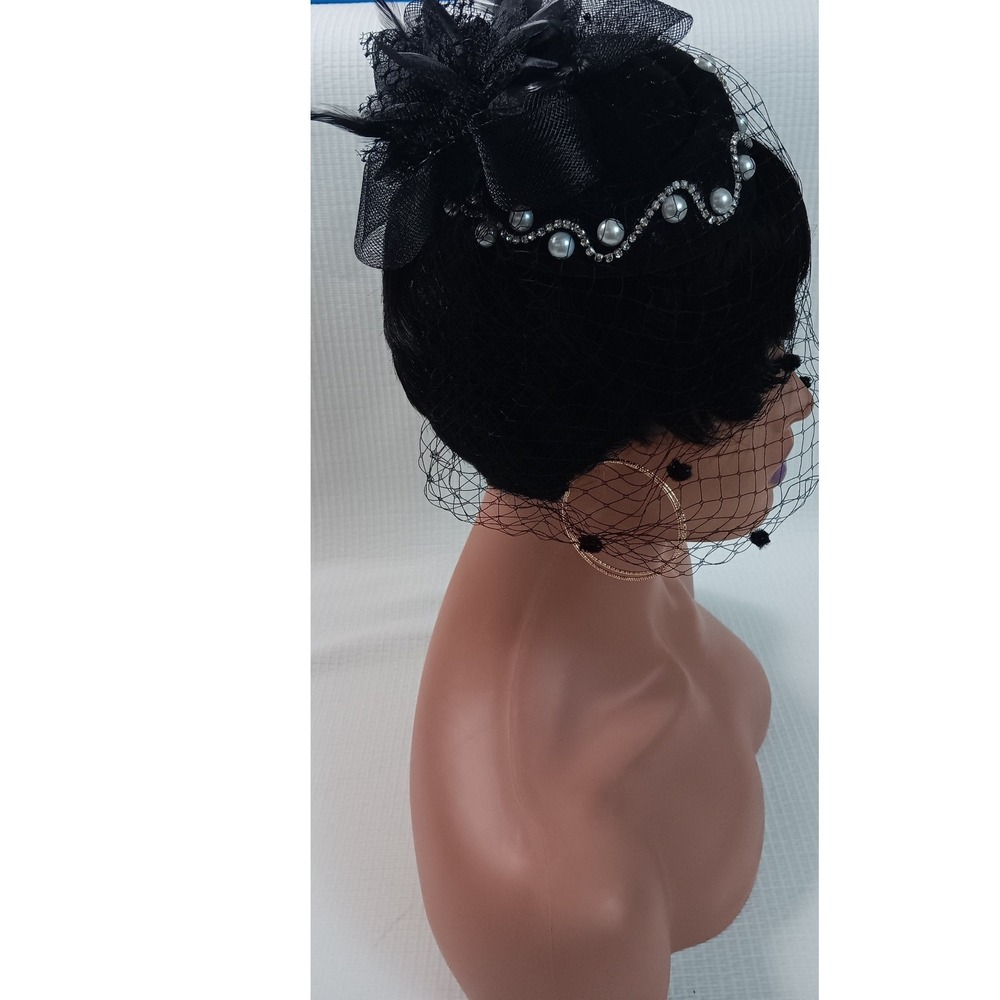 Vintage Style Black Fascinator Hat Birdcage Veil Rhinestone Faux Pearl Bow Clip - Picture 10 of 10